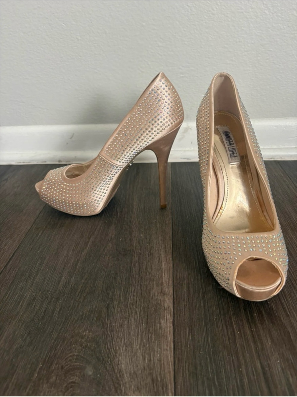 Blush Rhinestone Embellished Peep-Toe High Heels